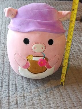 Squishmallow Peter Pink Pig Plush with Purple Hat Holding Coconut Drink